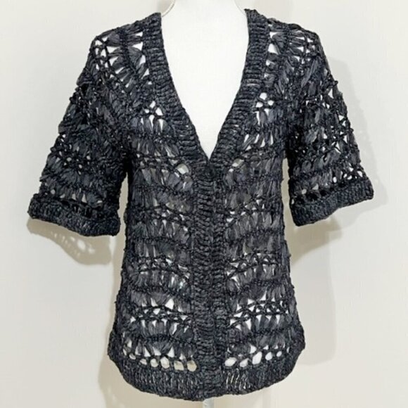 Chicos Blue Gray Twist Pinstripe Crochet Cardigan Sweater - Picture 7 of 7